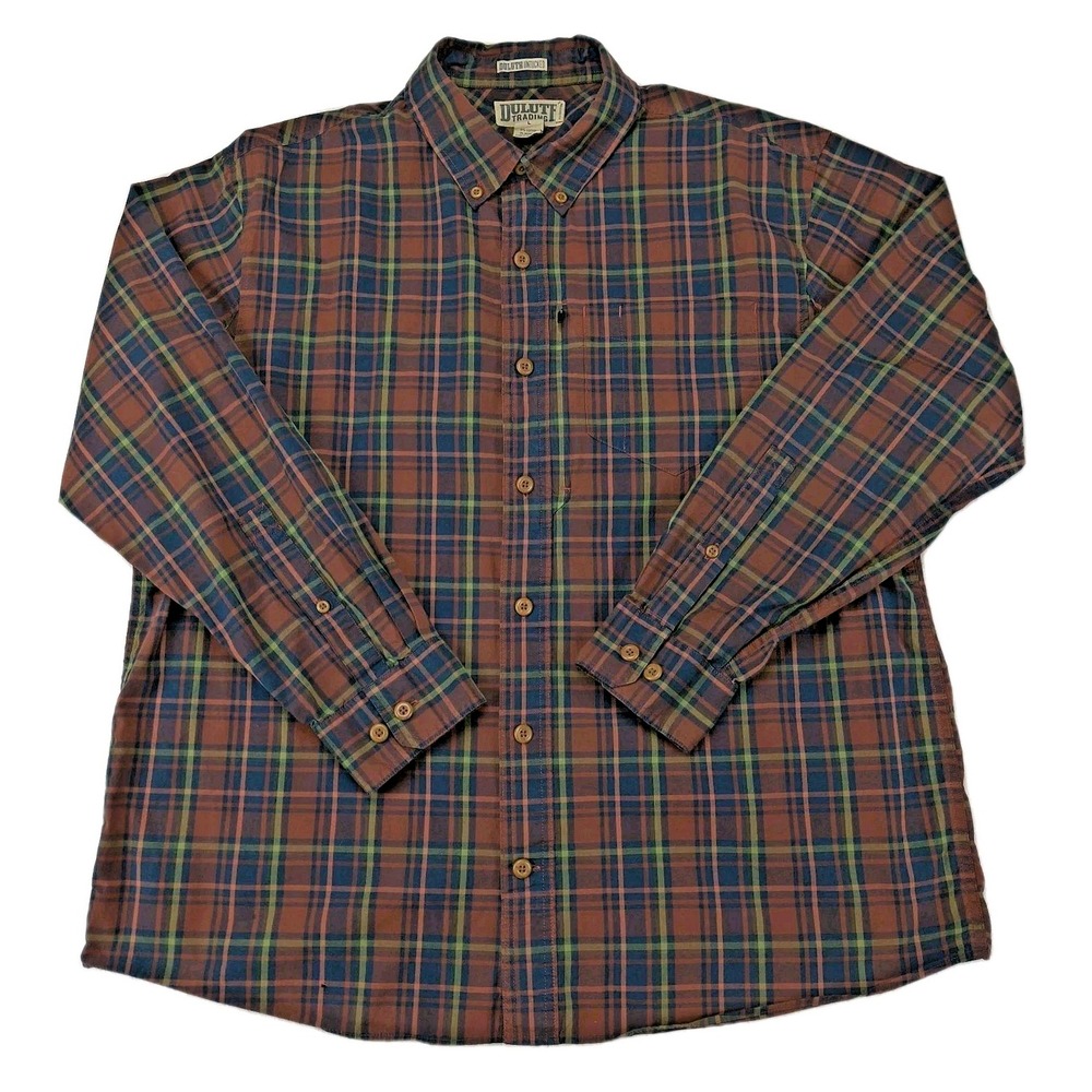 Duluth Trading Co Mens Large Relaxed Fit Untucked Plaid Button Down Shirt Brown
